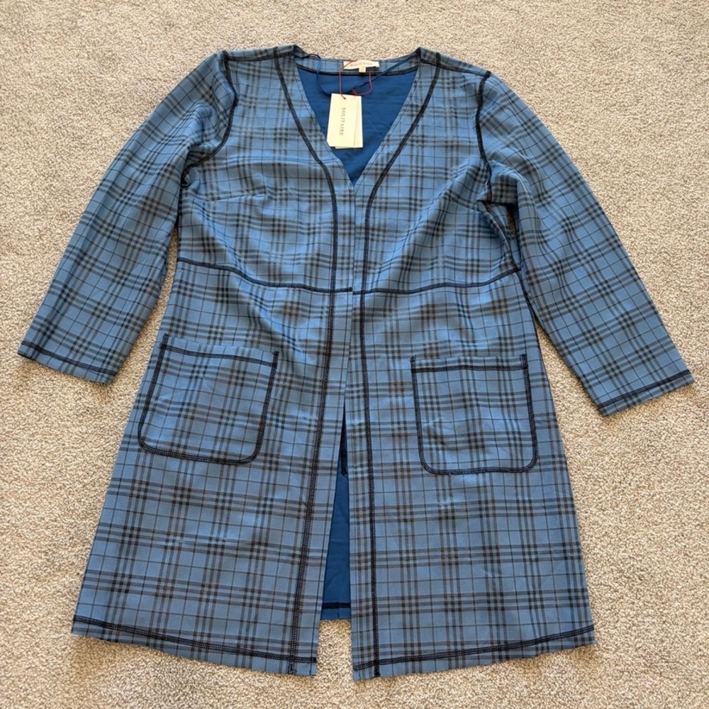Solitaire Long Open Front Jacket Womens 1X Blue Plaid Layer Office‎ Casual